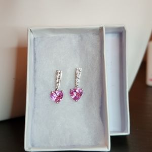 10K White Gold Pink/White Cubic Zirconia Pushback Dangle Pink Heart Earrings